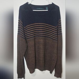 Perry Ellis Sweater Cotton Wool Rayon Striped Navy Brown XXL